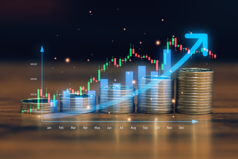 Ascending stacks of coins with a glowing candlestick chart and upward arrow overlaid, representing long-term wealth growth for a Hunter Valley client